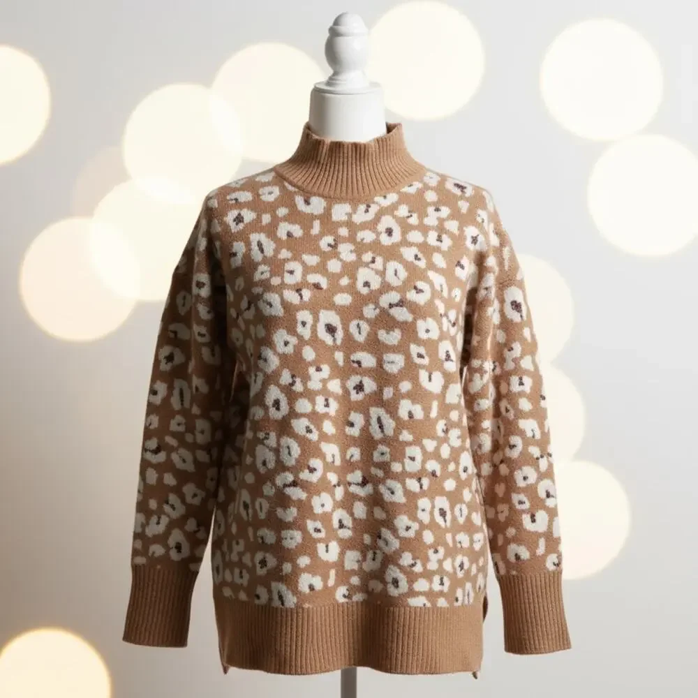 🐆 LOFT Leopard Print Mock Neck Sweater | Tan & White Metallic Accent | Size M